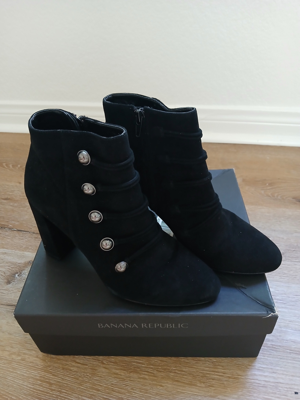 Banana Republic Black Suede Silver Button-Accent Ankle Booties